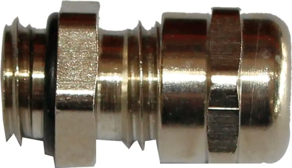 Messing-Kabelverschraubung, rechteckige Form, mit schwarzem Dichtungsring. Produkt von Wolf für sichere Kabelverbindungen.